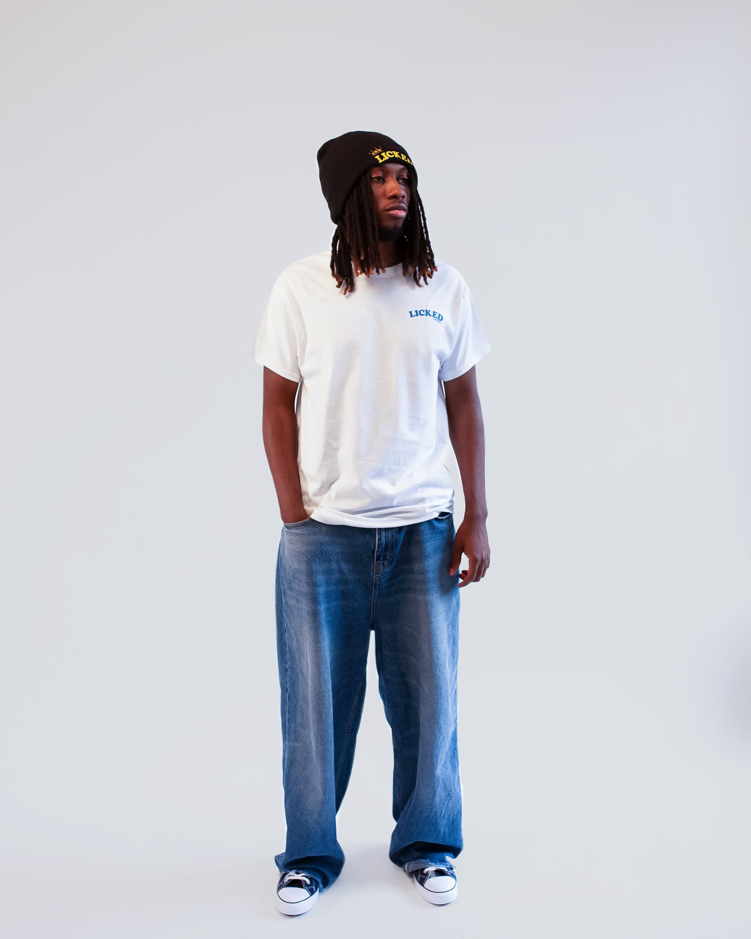 The original white Licked T-shirt with its blue chest logo